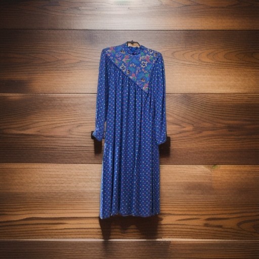 Vtg HUMMELSHEIM 1970s Long Sleeve Stand Collar Asian Pattern Blue Dress Sz 36