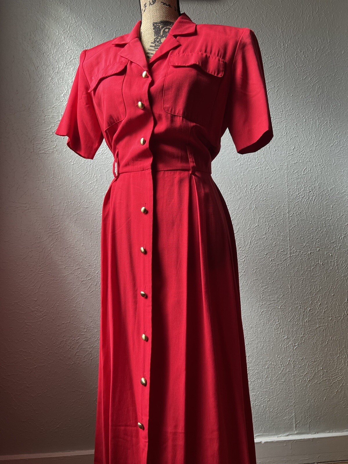 1980s Lipstick Red Button-Up Shirt Dress S M 80s Stranger Things Secretary Retro