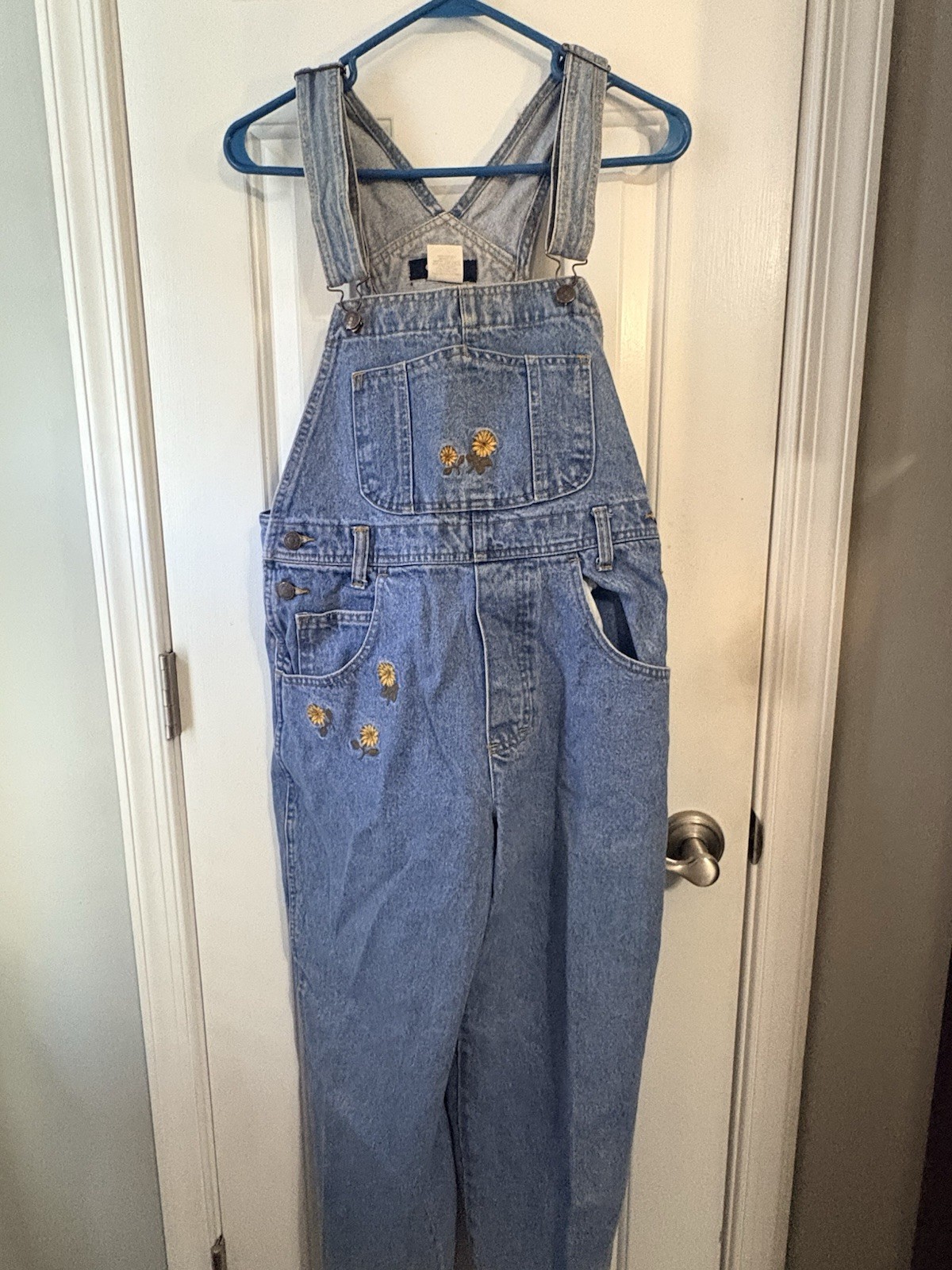 VTG 80s Jordace Bib Overalls Denim Dungarees With Embroidered Flowers Size Medi