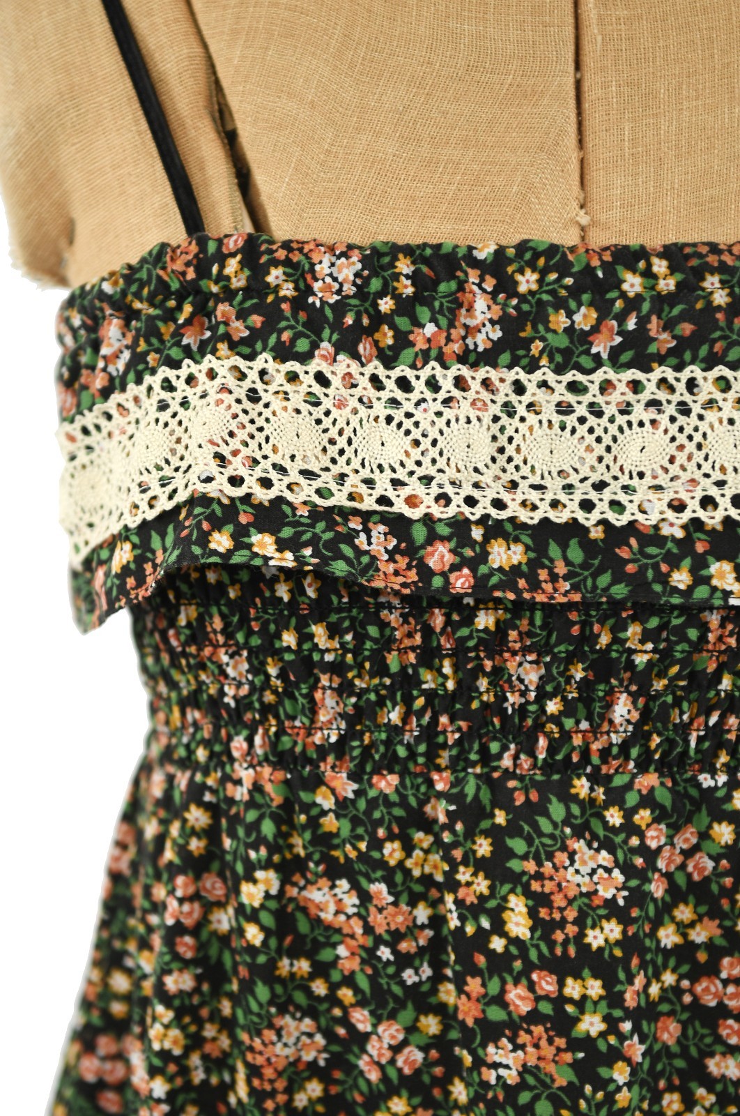 Vintage 70s Calico Floral Prairie Sundress Crochet Lace Velvet Ribbon Trim Tie S