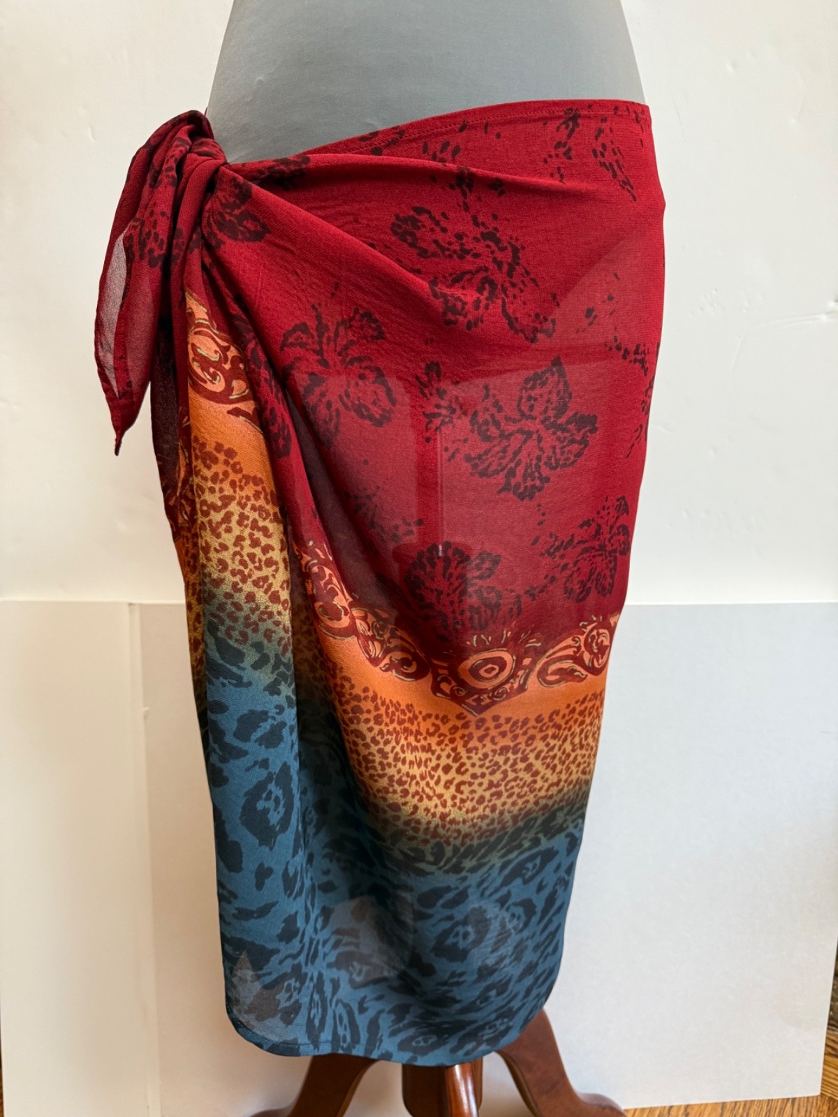 vtg Y2K swimsuit coverup sarong hand embellished gold paint batik leopard floral