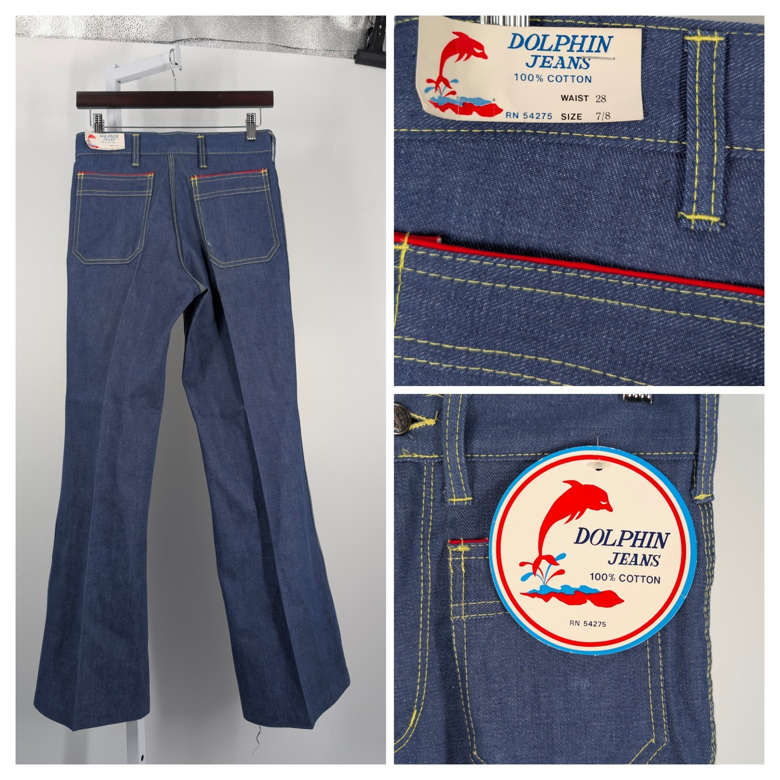 Vintage 70s Bell Bottom Indigo Denim Jeans Hippy NWT 28 31 Flare Rockabilly