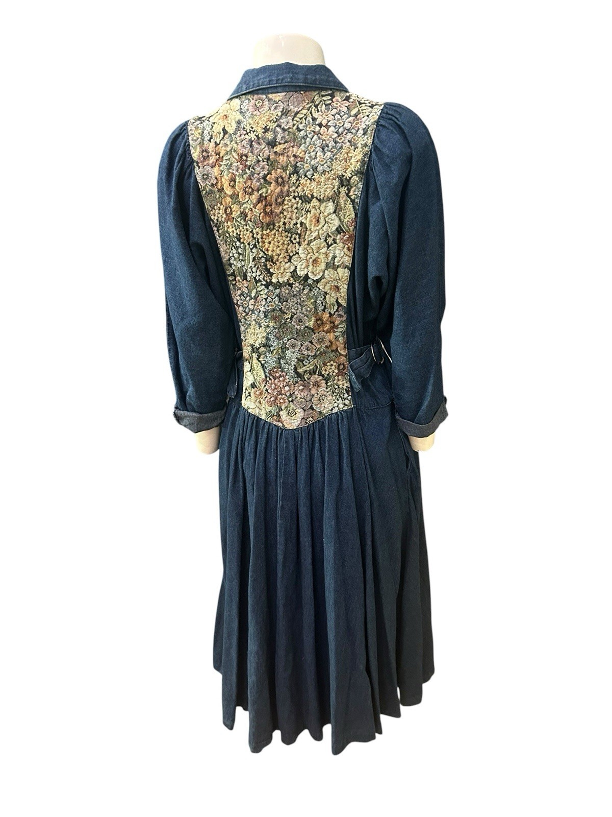 Vintage 80s Denim Prairie Dress Tapestry Floral Corset Midi Puffed Sleeve S 7 ^