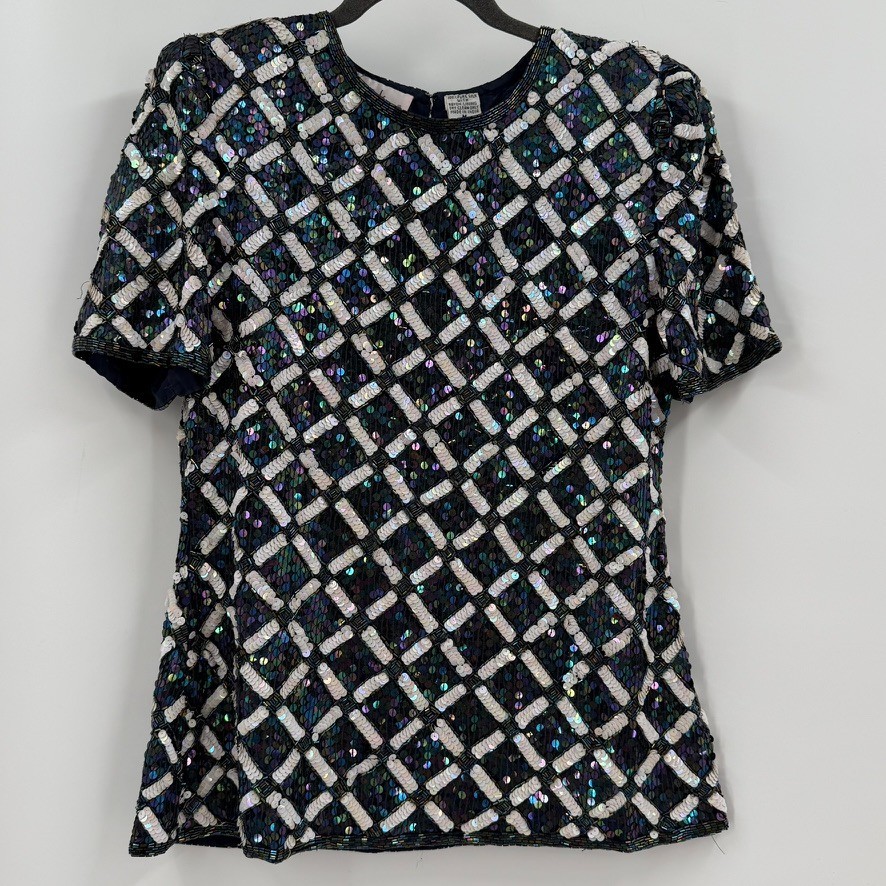 VTG Lawrence Kazar Womens M Silk Sequin Beaded Top Glam Cocktail Party