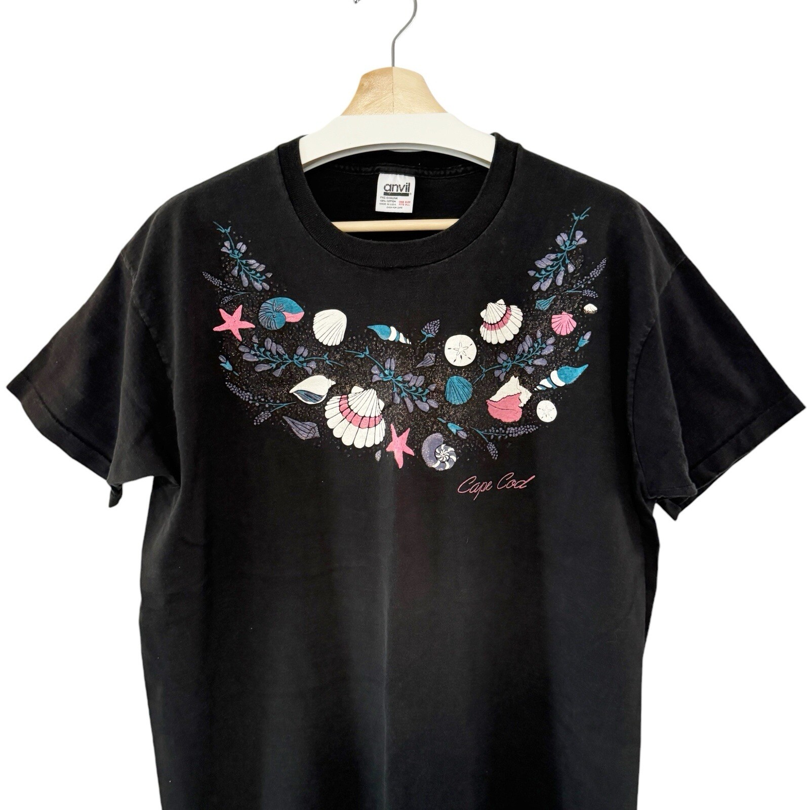 VTG Cape Cod Summer Shells Black T-shirt Dress Beach Sleepwear Tee OS Nautical