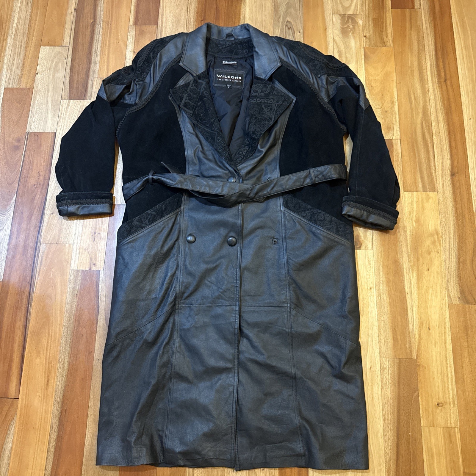 VTG 90s Wilsons Women’s Leather Trench Coat Black Suede Thinsulate Paisley Large