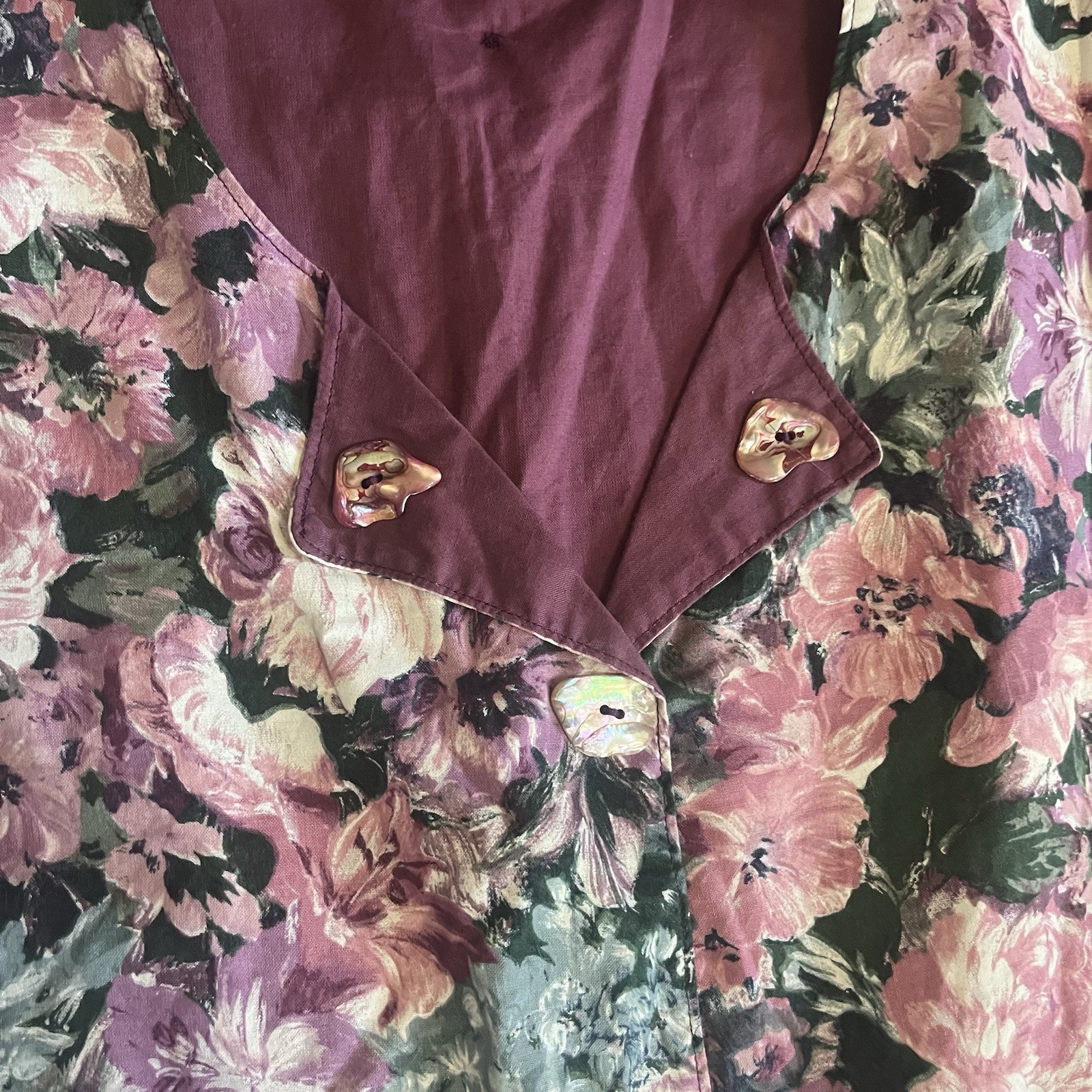 VTG Country Floral Jumper Dress Midi Mauve Rose Trad Cottage Prairie M L Cotton