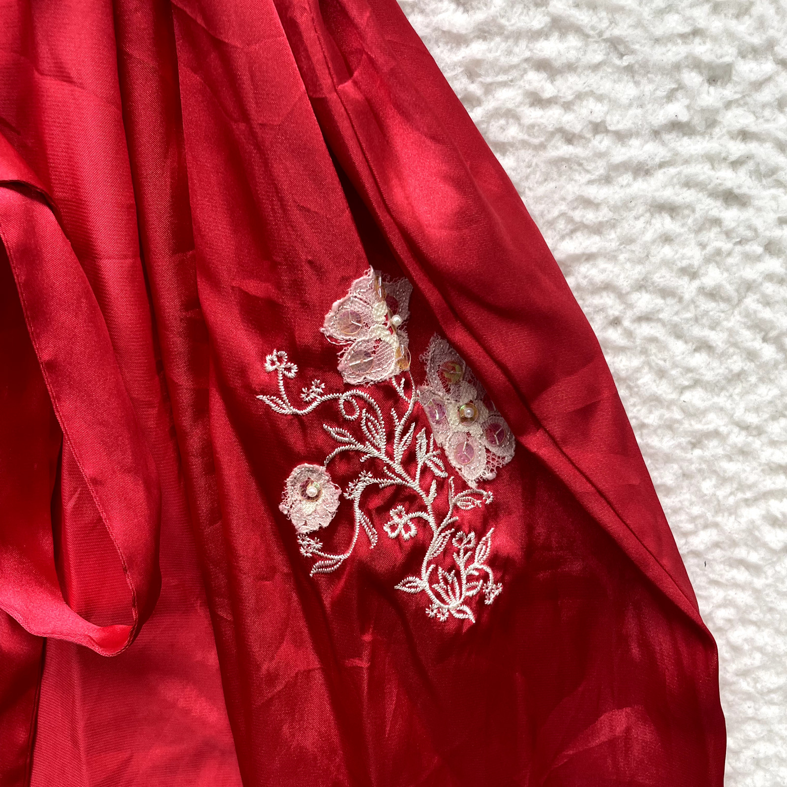 Y2K Vintage Robe Kimono XL 16 18 Red Satin Lace Embroidered Floral Luxe Sexy