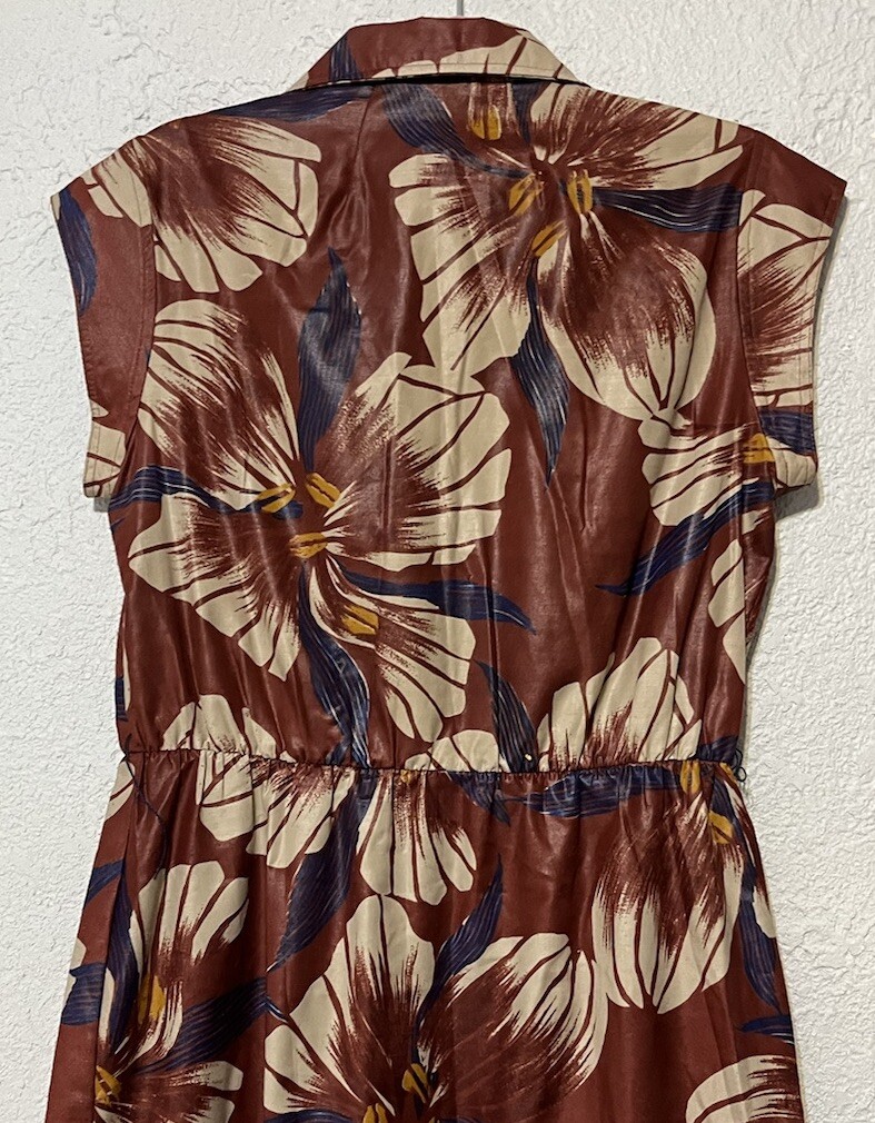 Vintage CALIFORNIA GIRL Short Cap Sleeve Long Floral Dress Sz 12 Brown Wet Look