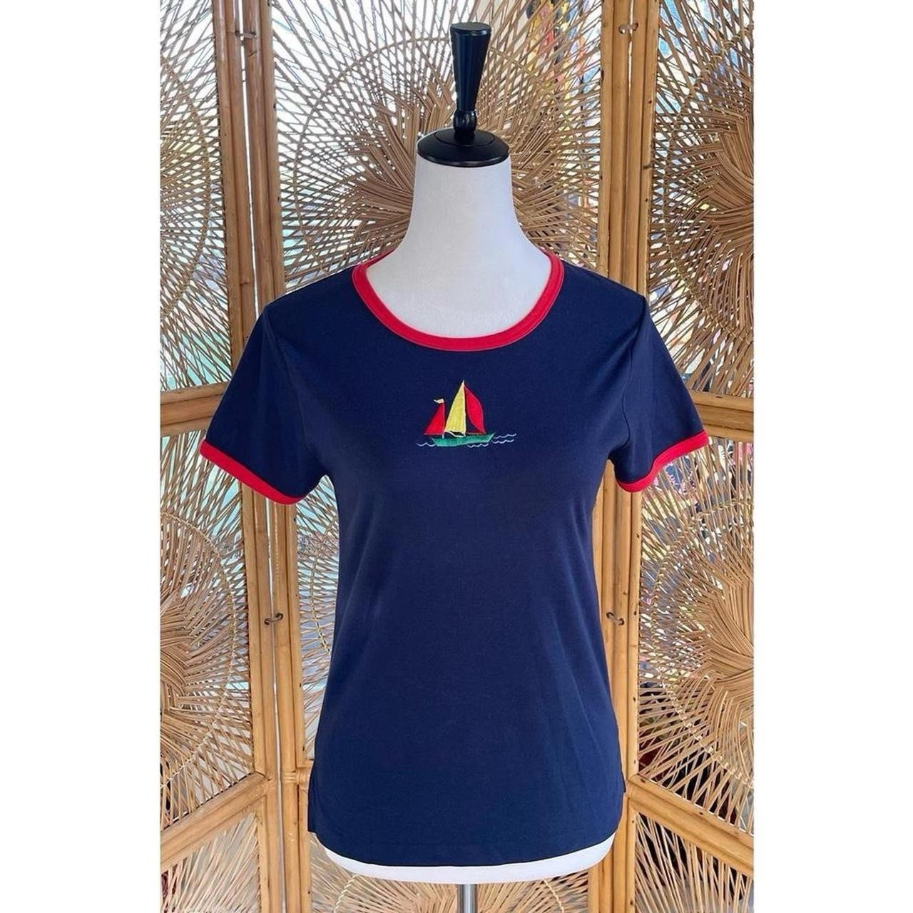 Vintage Avantique Retro Navy Blue Red Ringer Tee Shirt with Embroidered Sailboat