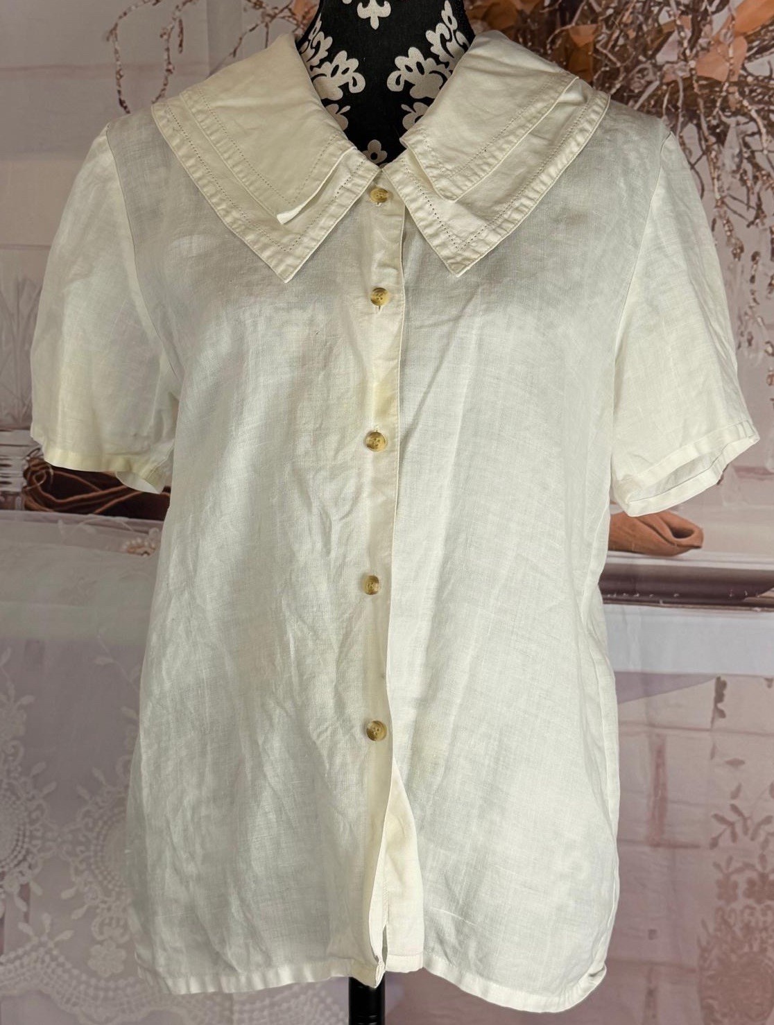 VTG 90’s CALI Div. Of Carry Back LTD; Ivory 100% Linen SS Double Collar Blouse 6