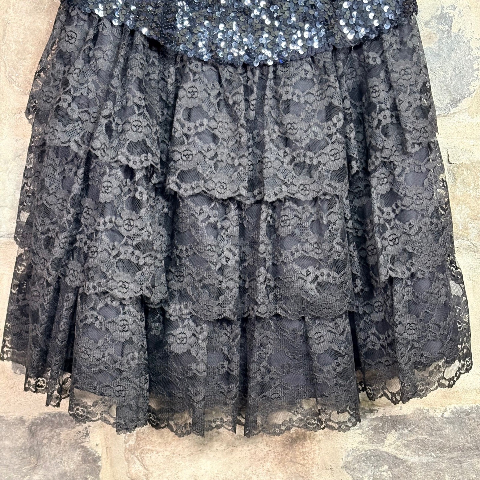 Vintage Alfred Angelo Flirtations Black Sequin Tiered Lace Dress Union Made 80s