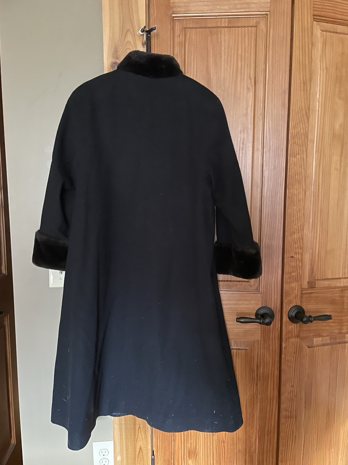 Vintage Black Wool Duster Coat With Faux Fur Collar And Cuffs