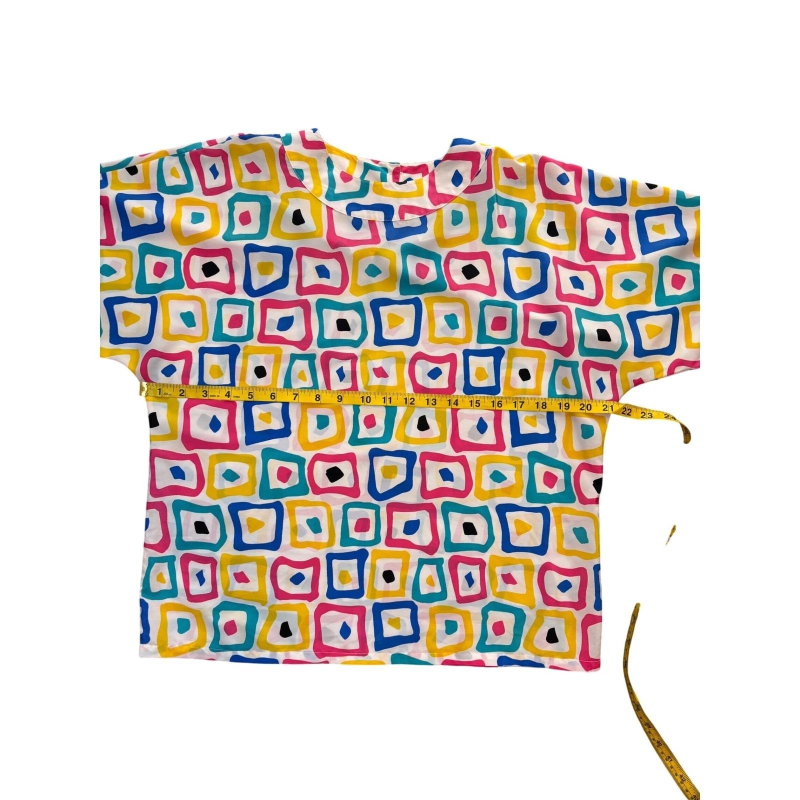 Geometric Square Print Blouse Women M Multi-Color 80s Retro Top Vintage