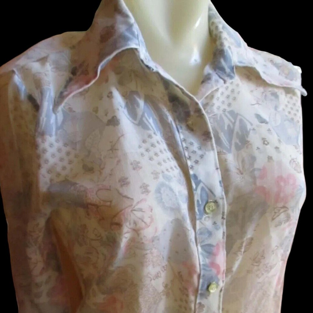 True Vintage Medium Womens Boho Blouse 12 Button-Up Long Sleeve Floral Sheer