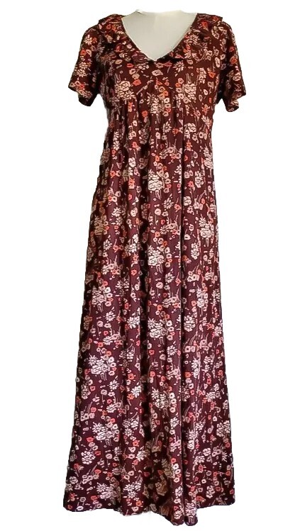 VTG 70s Nylon Jersey Maxi Dress w/ 1930s Inspired V-Neckline & Ruffle Collar L