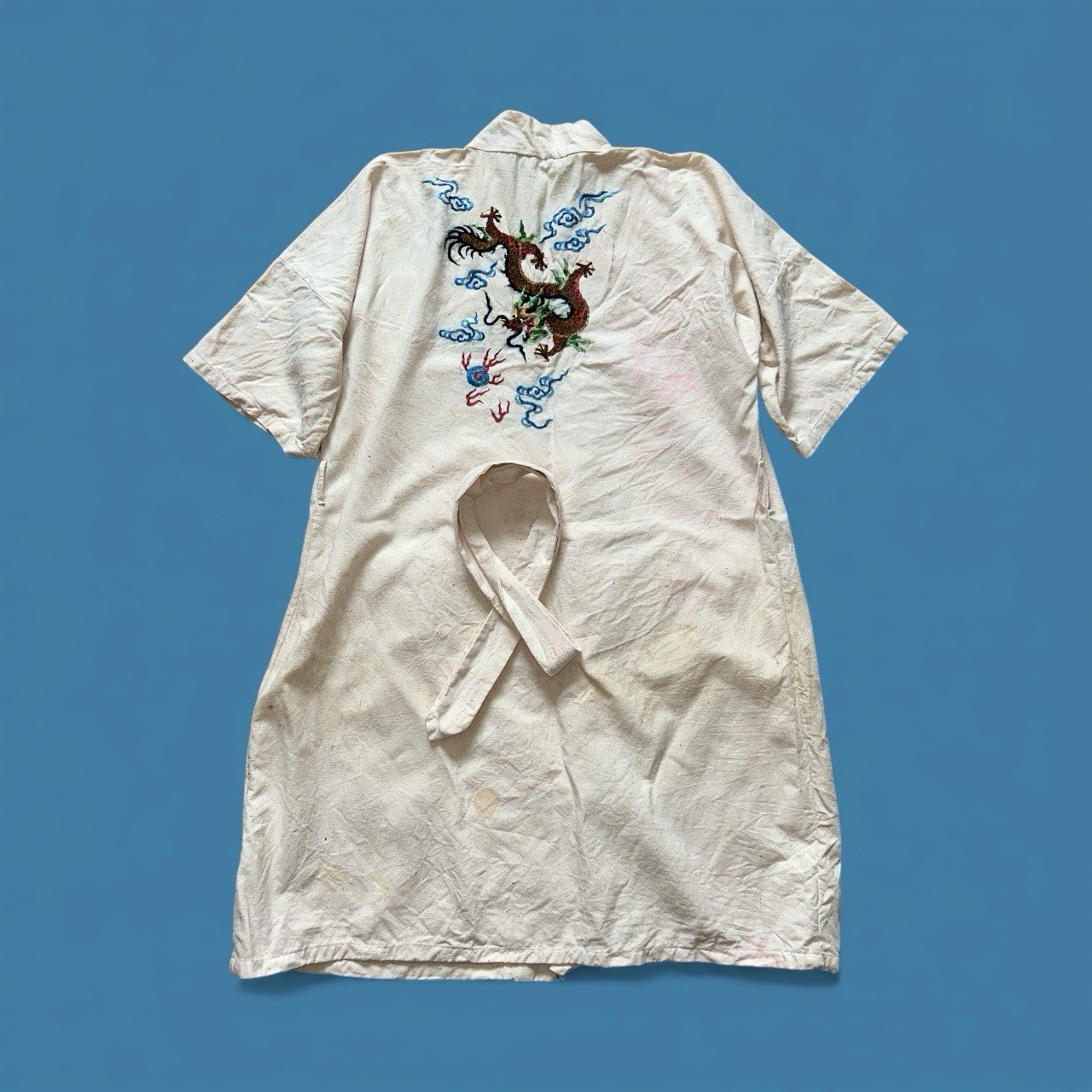 Antique Vintage Cream Raw Silk Cotton Kimono Dragon Embroidery Robe OSFM