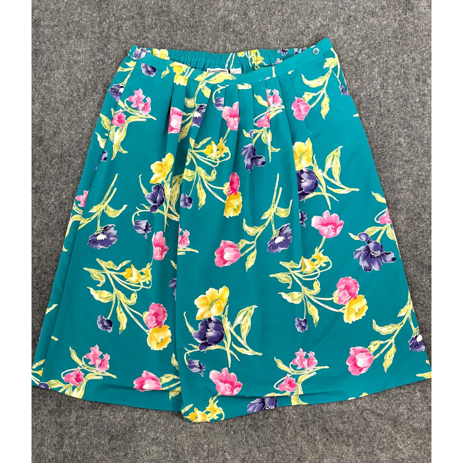 Vtg Alfred Dunner Floral Midi Skirt Womens Sz 16 Teal Pink Yellow Elastic Waist