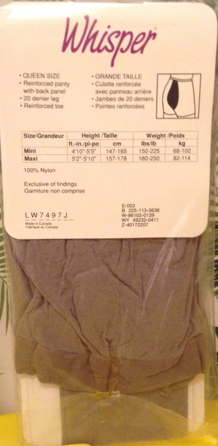 Vintage Pantyhose Whisper Full Back Panel Color Tender Grey Size Maxi BWHIS056