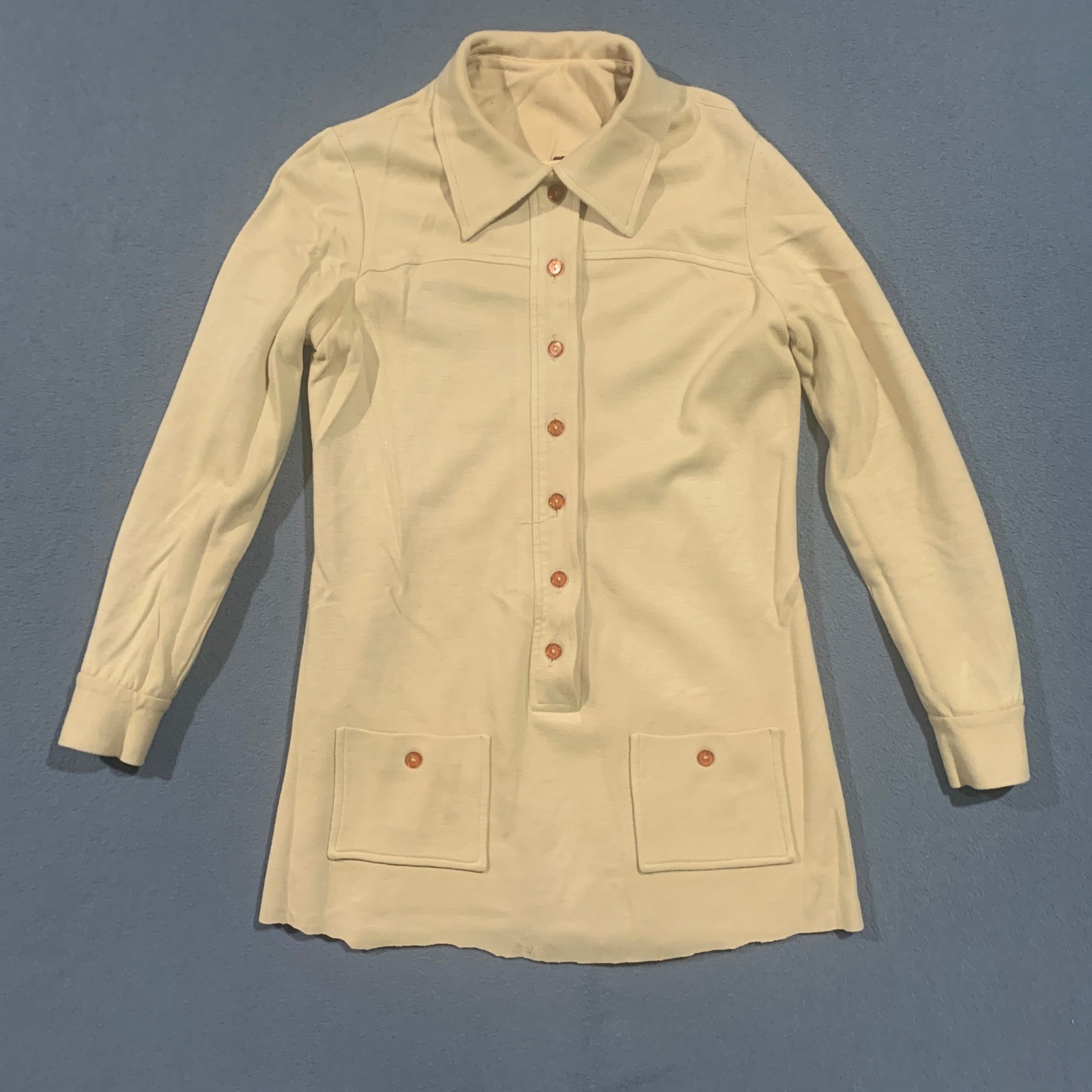 Vintage Carol Brent Mod Knit Tunic Top Cream Amber Buttons 80s Retro Womens M *