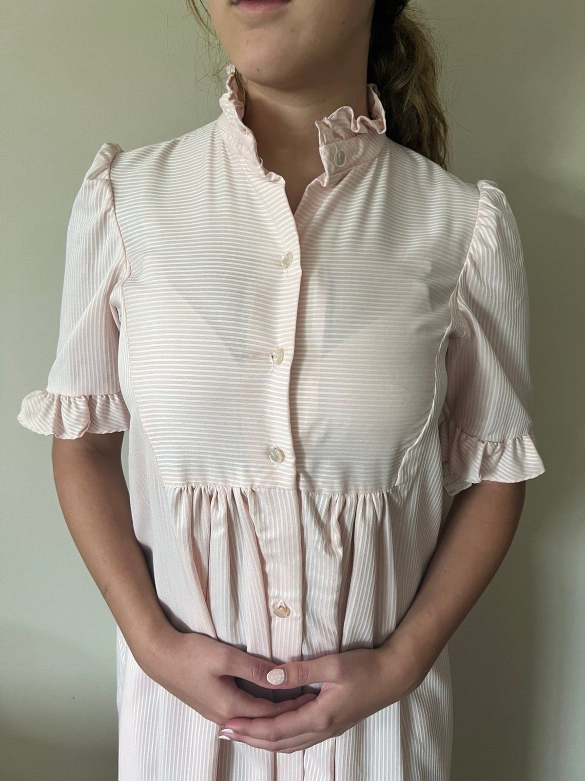 BNWT 1950s Vintage Womens Pink Striped Seersucker Long Nightgown by Louisa