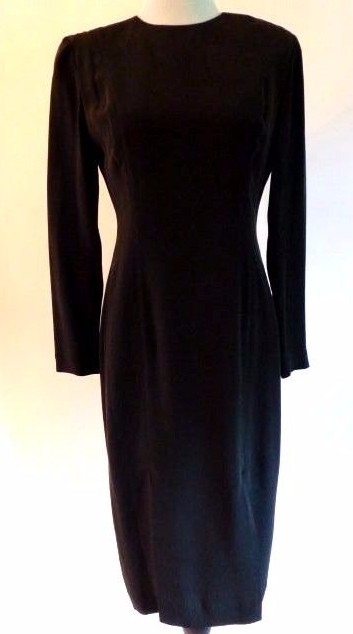 Vintage Dana Buchman Black Silk L.S. „Car Wash” Hem Dress,Size 8, CA. 1980’s, A+