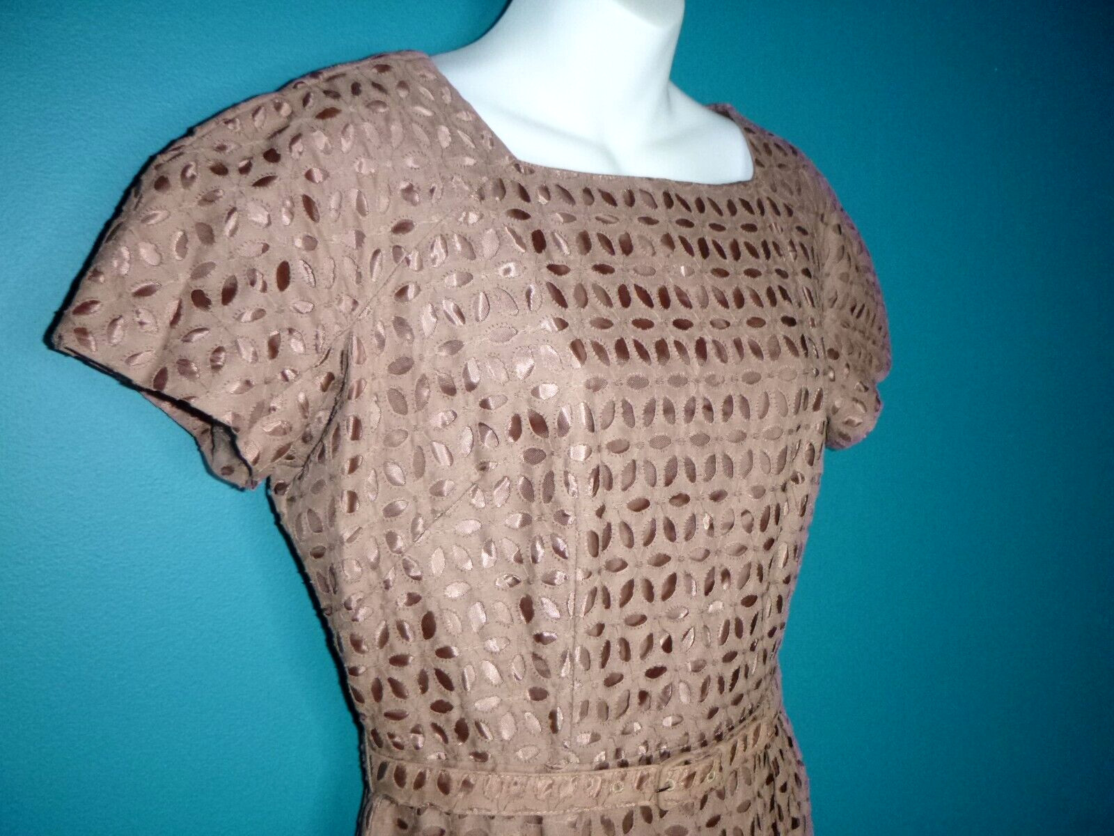 Vtg 50s Ann Allyn Cocoa Brown 2 Layer Sheath Dress W Belt Eyelet over Satin M/L