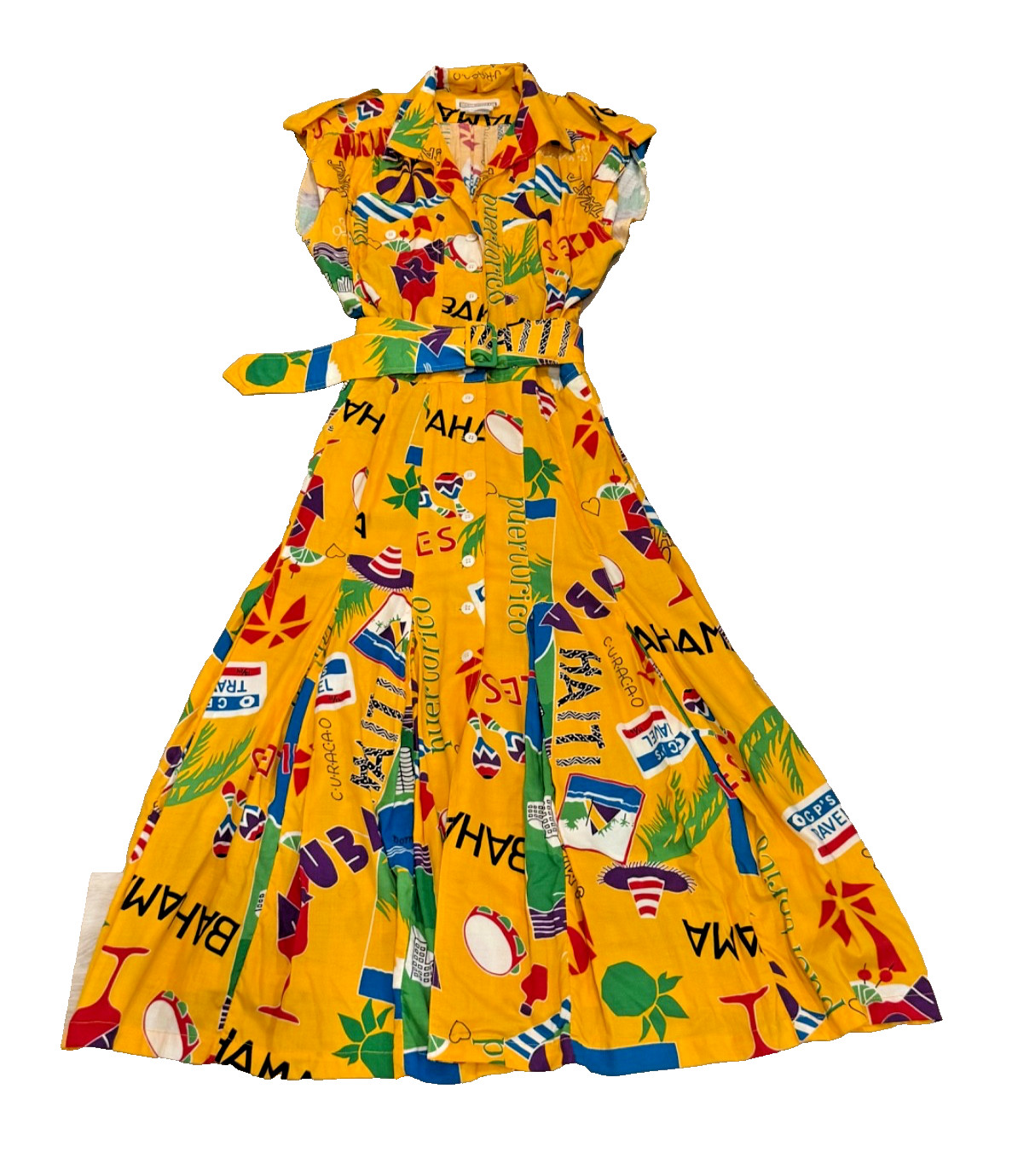 Vintage 1980s Karen Alexander Caribbean Print Belted Midi Dress Tropical Size 10