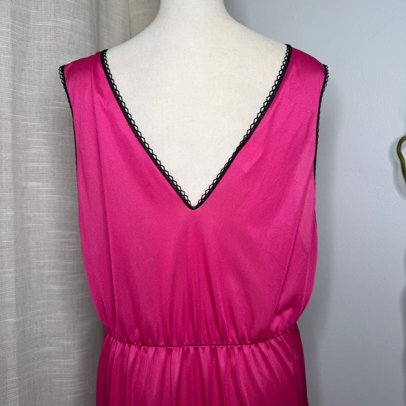 80s Vintage Spotlight Hot Pink Nylon Lace Maxi Nightgown Made in USA Plunge XL