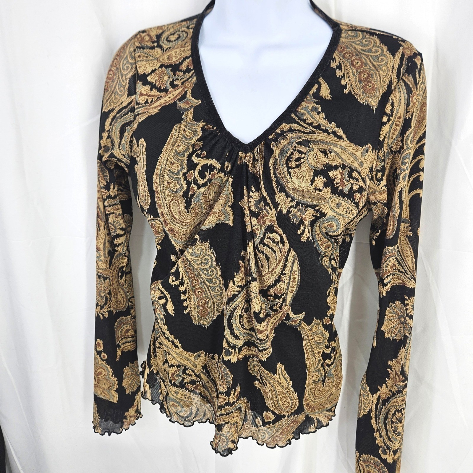 Wet Seal Vtg Y2K Paisley Mesh Long Bell Sleeve Top Black Gold Velvet Curl Trim L