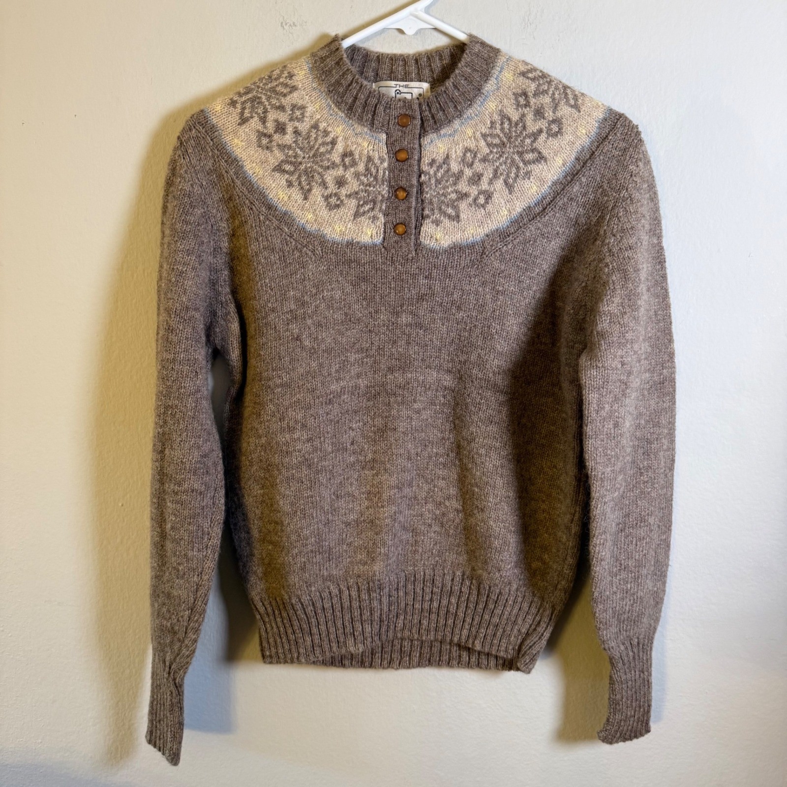 Woolrich Vintage Fair Isle Wool Henley Sweater Brown Snowflake Nordic Womens