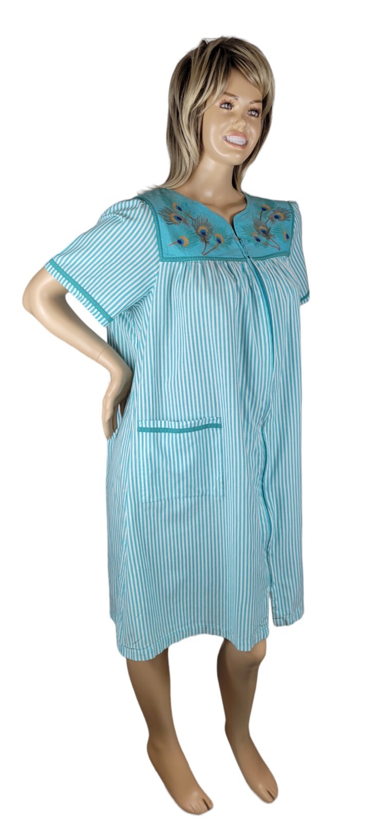 Vintage Go Softly Patio House Dress Stripes & Peacock Feathers Full Zip Boho XL