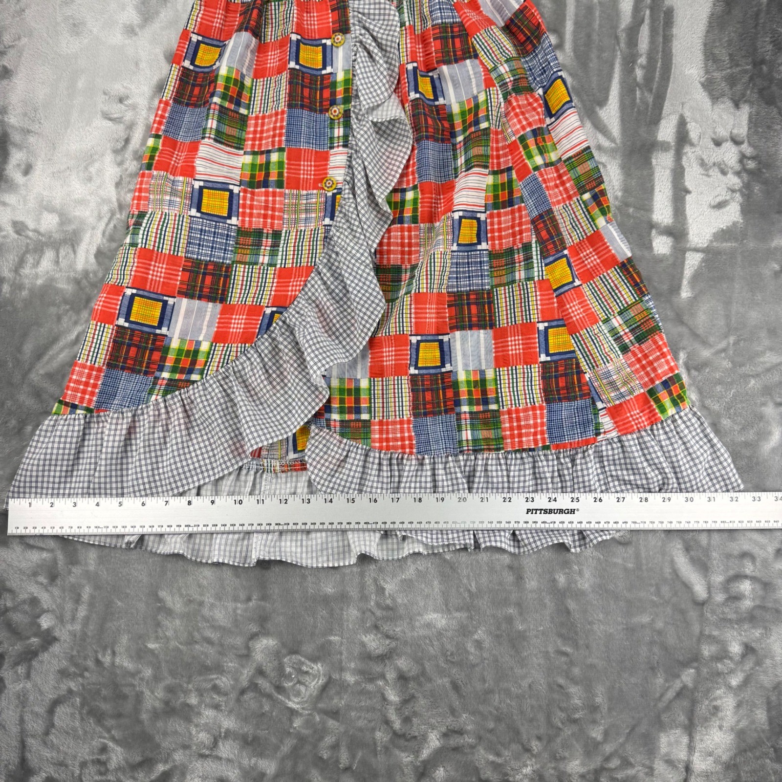 Vintage 70’s Patchwork Plaid Ruffle Midi Skirt Boho Romantic Folk, High Waist