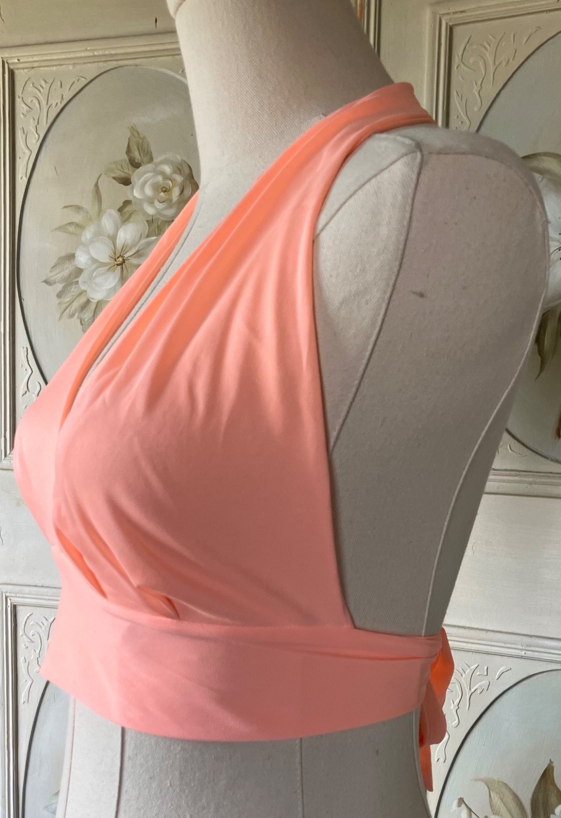 VTG 70s ORANGE SHERBET HALTER TIE TOP WRAP CROP NYLON KNIT UNION/USA-MADE EUC M