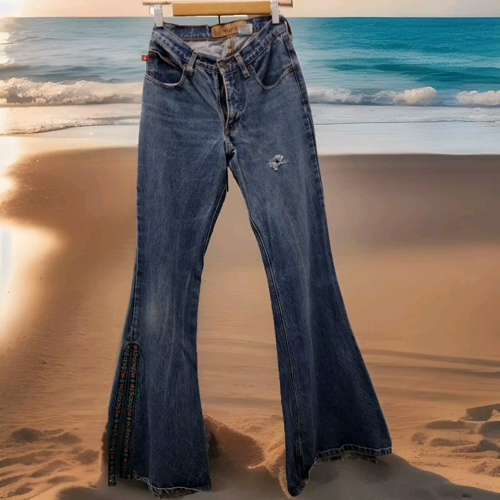 Mudd Jeans 90s Blue Denim Wide Bell Bottoms Waist 26 inch Epic SIDE SLIT