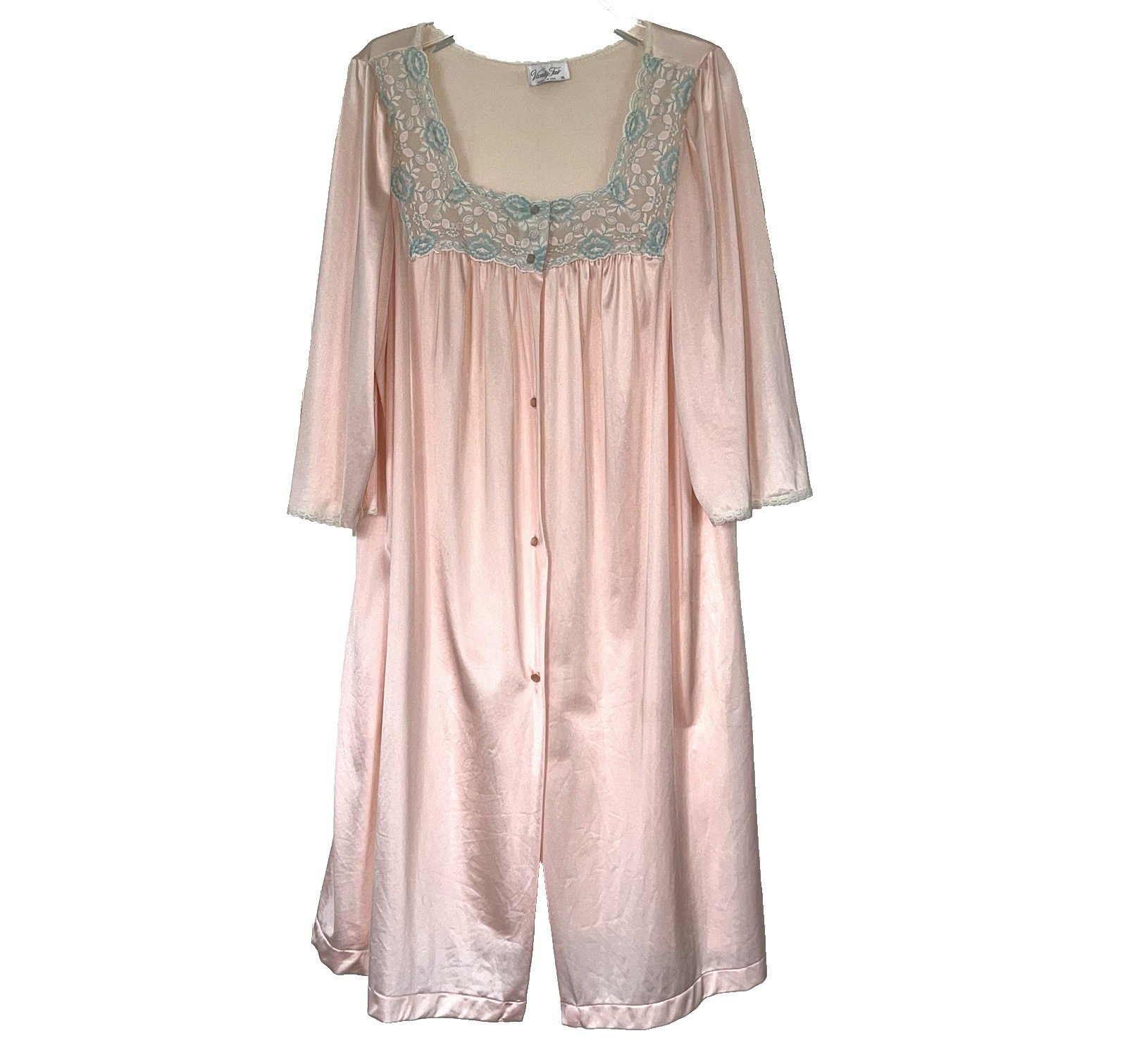 Vanity Fair Vintage Women’s XL Peachy Pink Button Up Nightgown Lace Trim Nylon