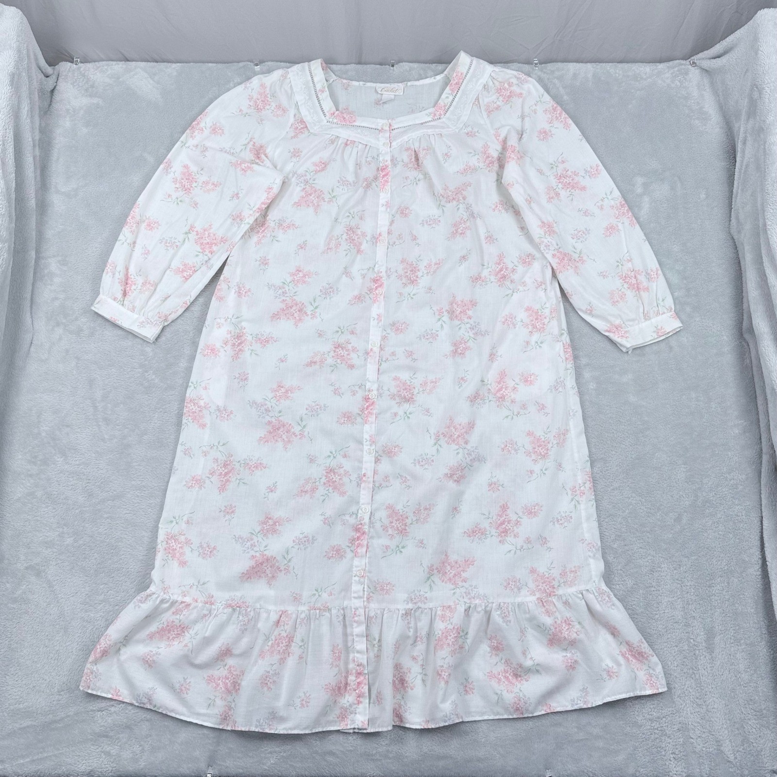 Vintage Cachet Nightgown Women Medium White Pink Floral Lace Trim Button Front