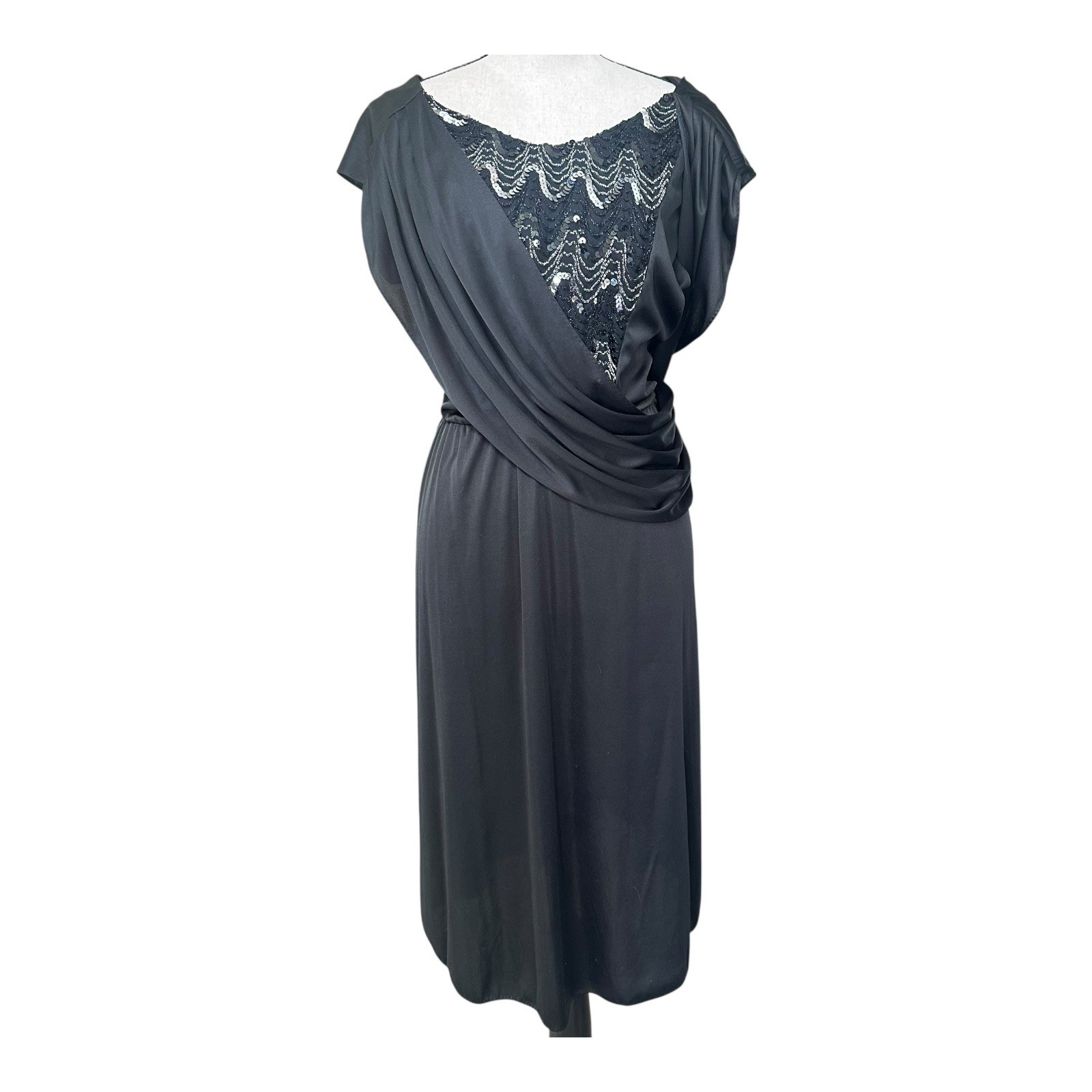 Vintage 80s Glenrob Black Sequin Lace Drape Cocktail Party Midi Dress