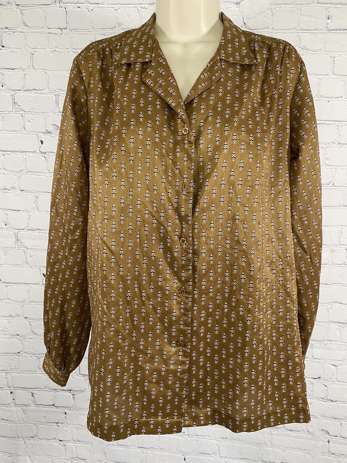 Vintage French Accent Shiny Silky Golden Brown Long Sleeve Button Up Size 11/12
