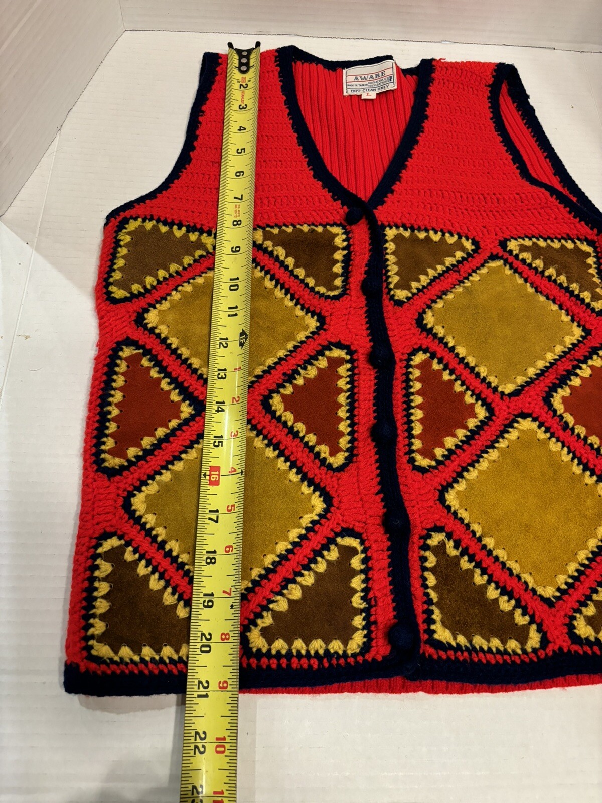 Vintage Vest 70’s Retro Hippie Leather Crochet Aware Brand Orange Brown Size L