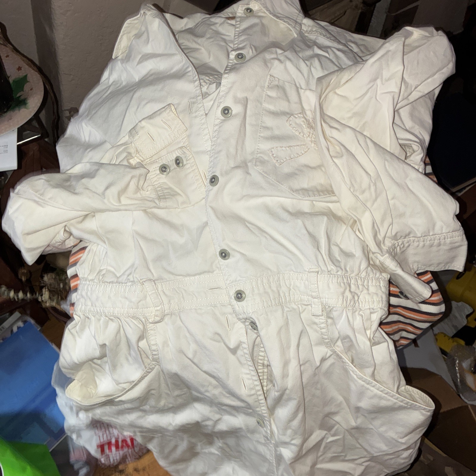 Vintage 90s Liz Claiborne Utility Safari Shirt Dress 12 Ivory Cotton Pockets LS