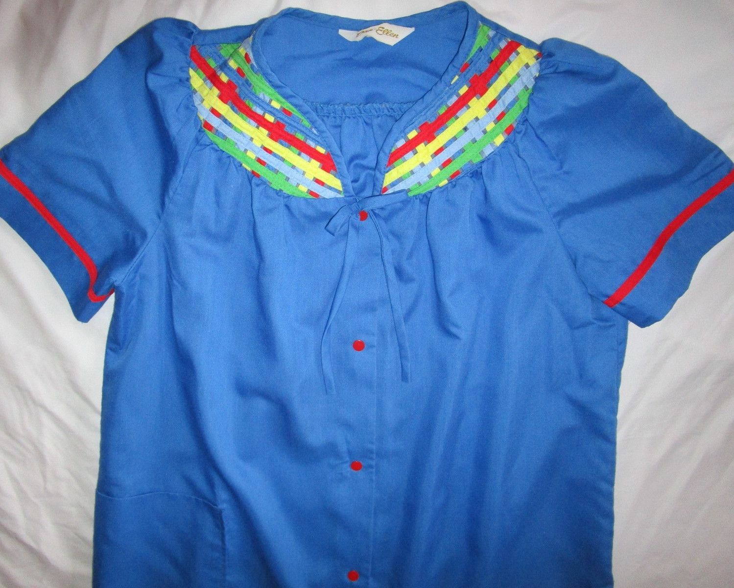 Vtg 70s Dan-Ellen Blue Housecoat Snap Duster Women Size M Grannycore Woven Trim