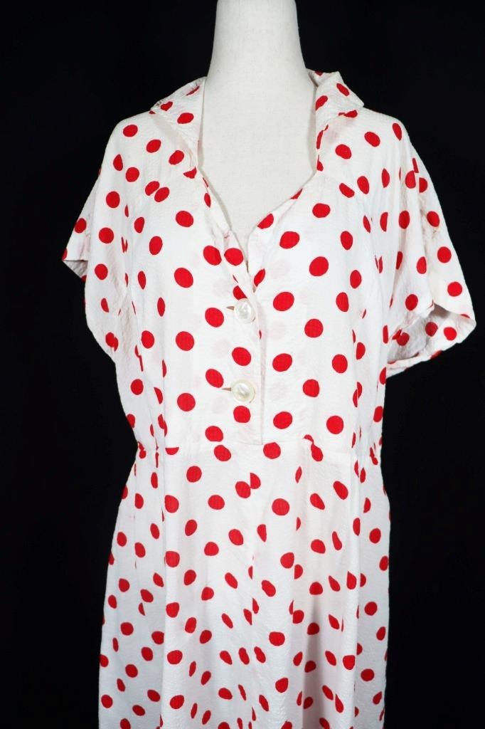 Vintage 1940’s WWII French Red & White Polka Dot Waffle Cotton Dress Plus Size