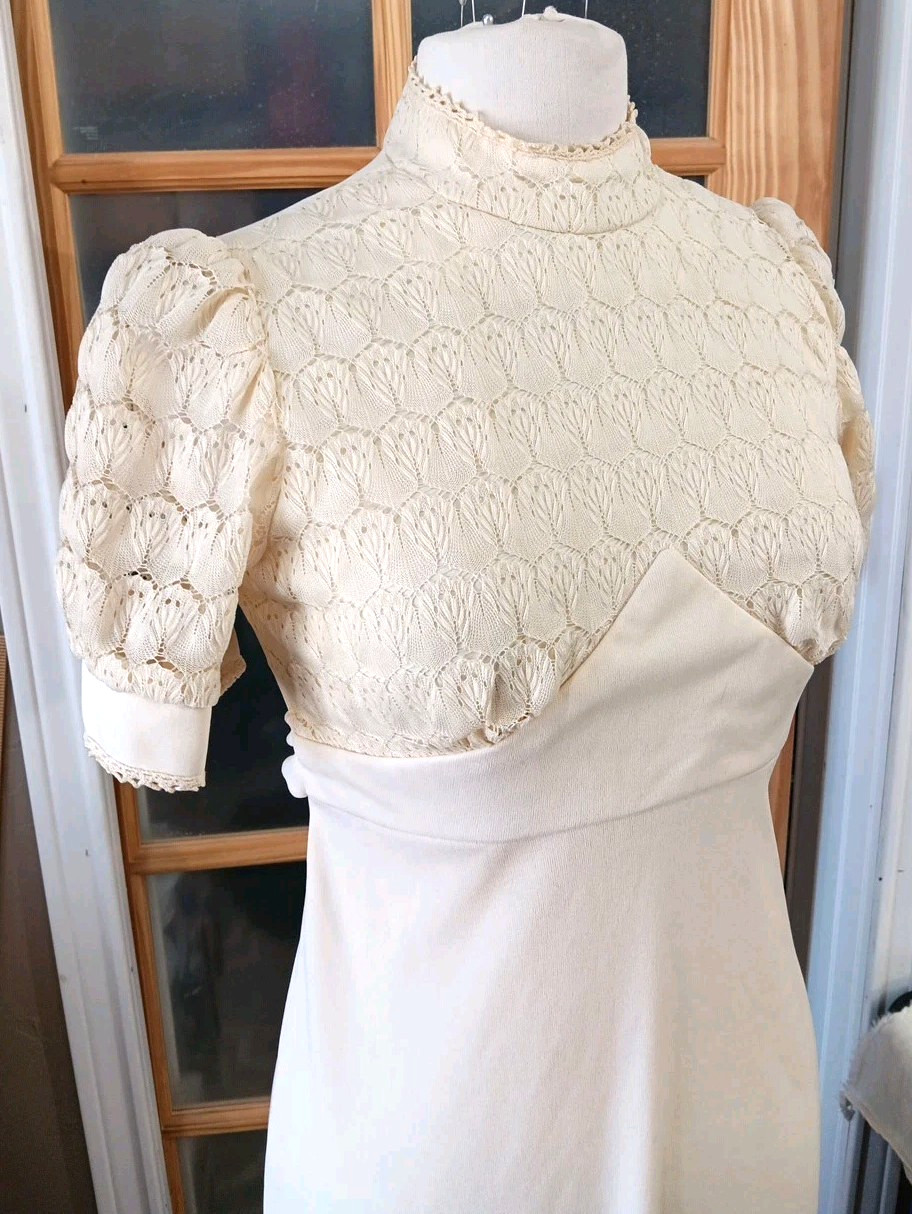 70s Maxi Lace Bodice Empire Waist Cream Crocheted Trim Handmade Wedding Vintage