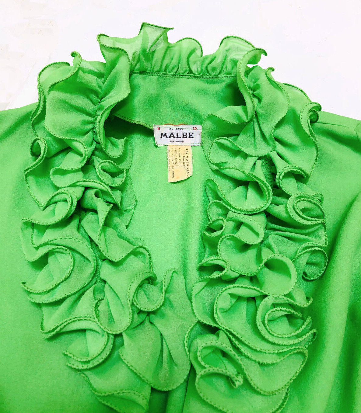 Malbe Lime Green Vintage 1960s/70s Ruffle Poly Chiffon Long Sleeve Disco Top 12