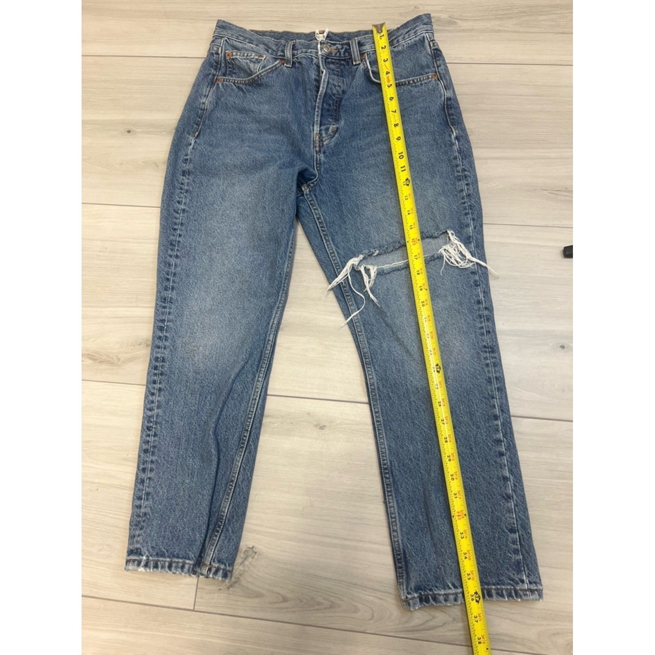 Topshop Wide Leg Jeans Blue Denim 31×32 Distressed Knee High Rise 90s