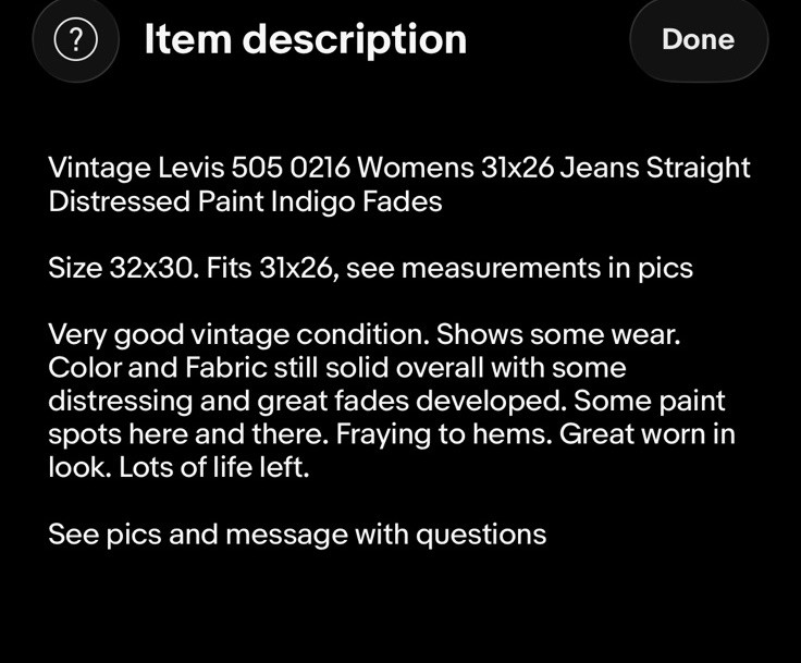 Vintage Levis 505 0216 Womens 31×26 Jeans Straight Distressed Paint Indigo Fades