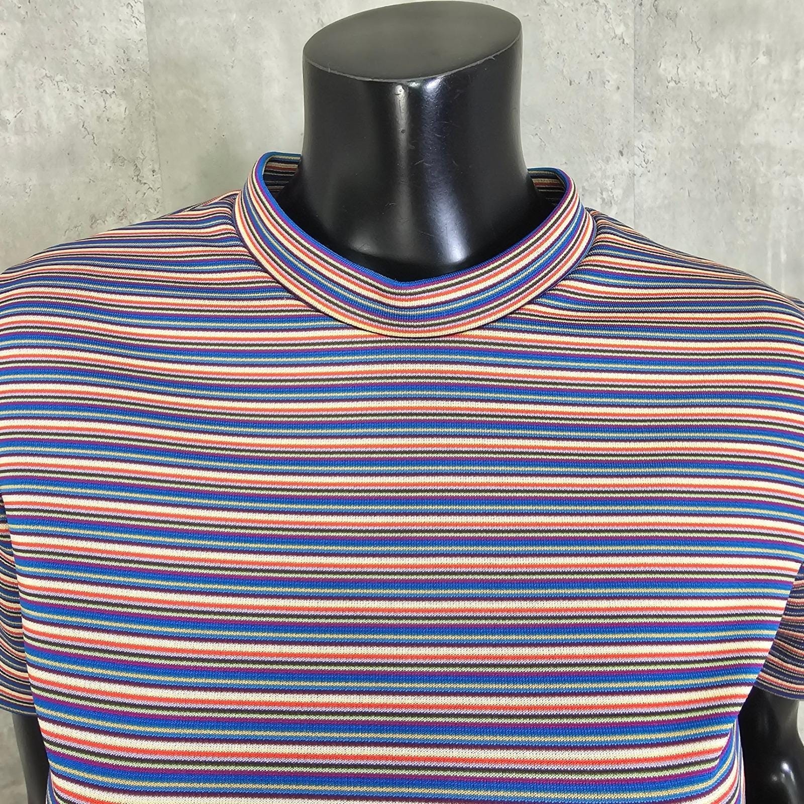 Vintage 70s Rainbow Stripe Mock Neck Tee Double Knit Polyester Mod Top Handmade