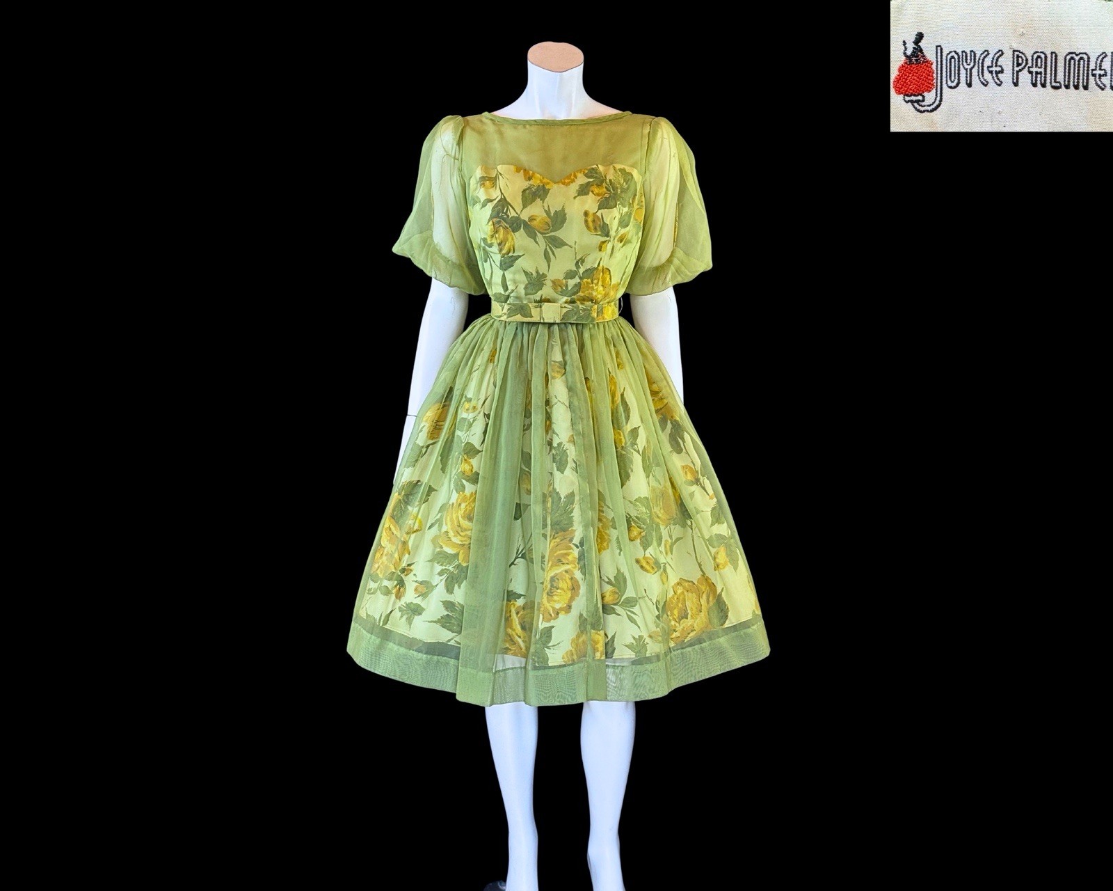 1950s Joyce Palmer Romantic Rose Floral Illusion Dress S