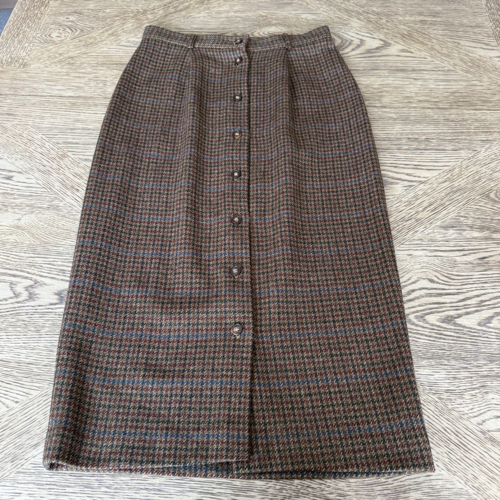 JH Collectibles Vintage 100% Wool Plaid Button Front Midi Skirt Brown Size 8